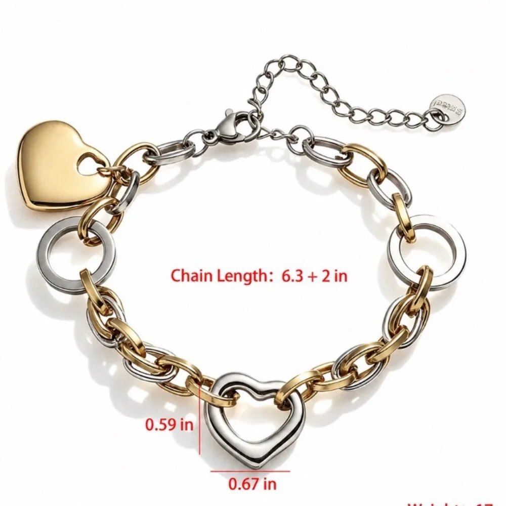 24k Gold Plated & Silver Heart Link Bracelet - Women Jewelry new